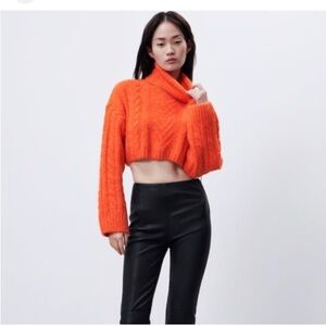 ZARA Orange Chunky Knit Long Sleeve Crop turtleneck sweater women size Small